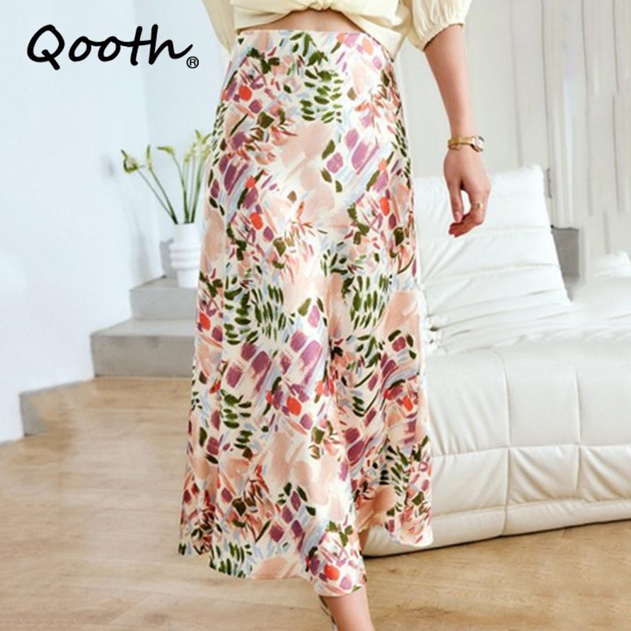 Qooth  Floral Trumpet Skirt Mid length Satin Casual Elastic Waist Printed Maxi Skirt QT1855