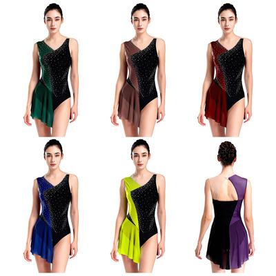 Womens Gymnastics Figure Skating Ballet Jersey Lyrical Dance Dress Costume Sparkly Rhinestones Bodysuit Mesh Skirted Unitard