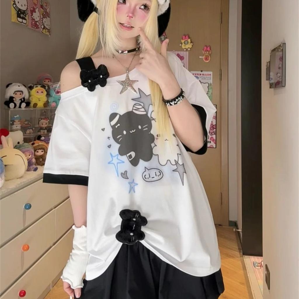 Cartoon Kawaii Niedlich Bedrucktes Damen T-Shirt Sommer Locker Schräger Kragen Grunge T-Shirt Y2k Ästhetik Schräger Kragen Fee T-Shirts