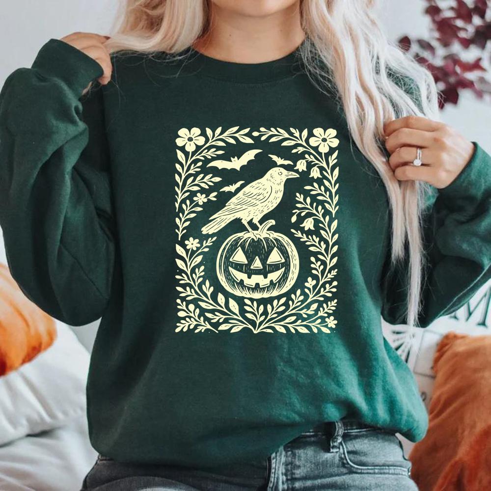 

Halloween Crow Pumpkin Sweatshirt Jack O Lantern Floral Halloween Hoodies Women Crewneck Sweatshirt Long Sleeve Casual Pullover XXXL темно-зеленого