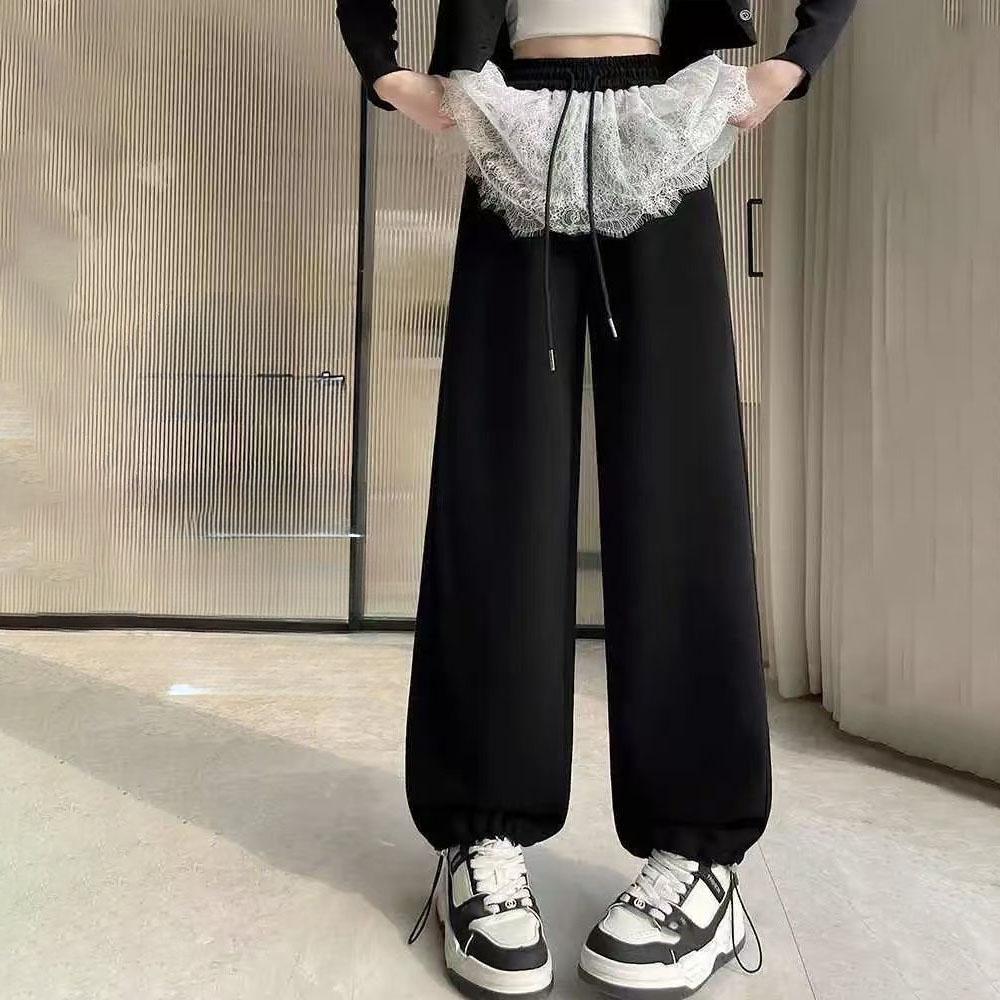 Kalhoty se širokými nohavicemi s krajkovou nášivkou v baletním stylu pro ženy jaro/léto vysoký pas stahovací šňůrka rovné ležérní sportovní tepláky dlouhé kalhoty