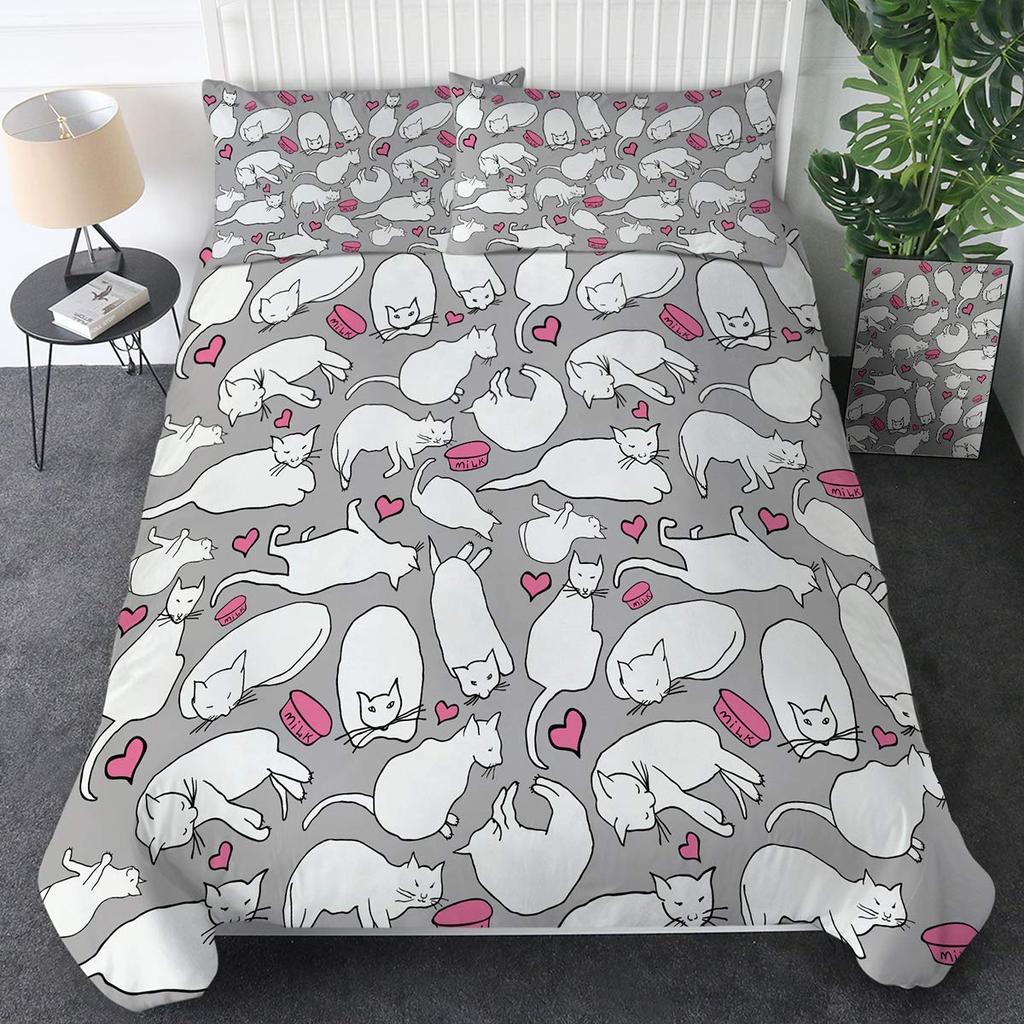 Sada povlečení s kočkami, Šedobílá sada ložního prádla s kočkami, Kreslená sada přikrývky s kočkami, Dívčí Kawaii sada povlaku na přikrývku s kočkami Full King Size