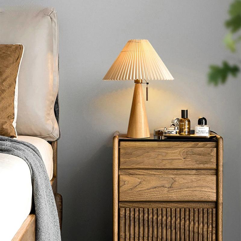 Nordic Retro Pleated Table Lamps LED Solid Wooden Desk Lights Study Reading Table Light for Bedroom Home Decoration Lighting E27