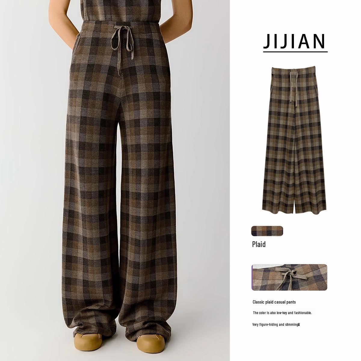 

Yangtze Merino Wool Plaid Knit Wide-Leg Pants Medium