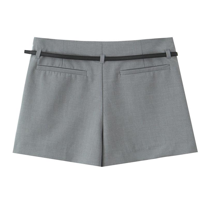 European & American Solid Color Pleated Mini A-Line Culottes with Waist Belt