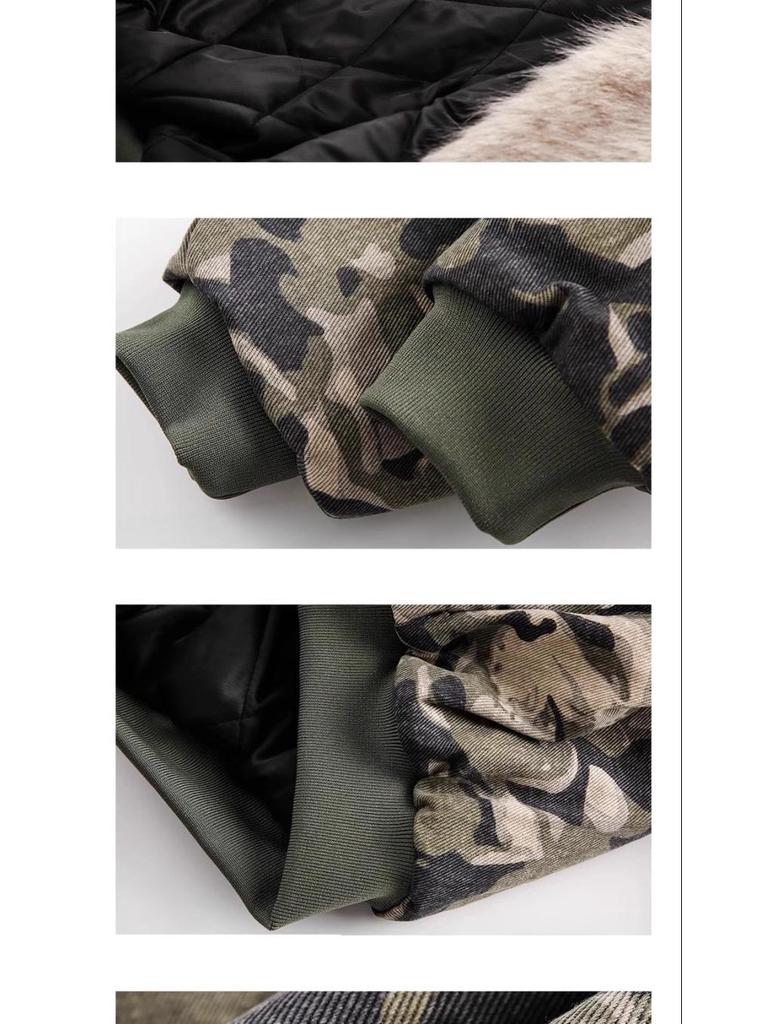 Unisex Camouflage Bavlněná Zimní Bunda s Kožešinovou Kapucí