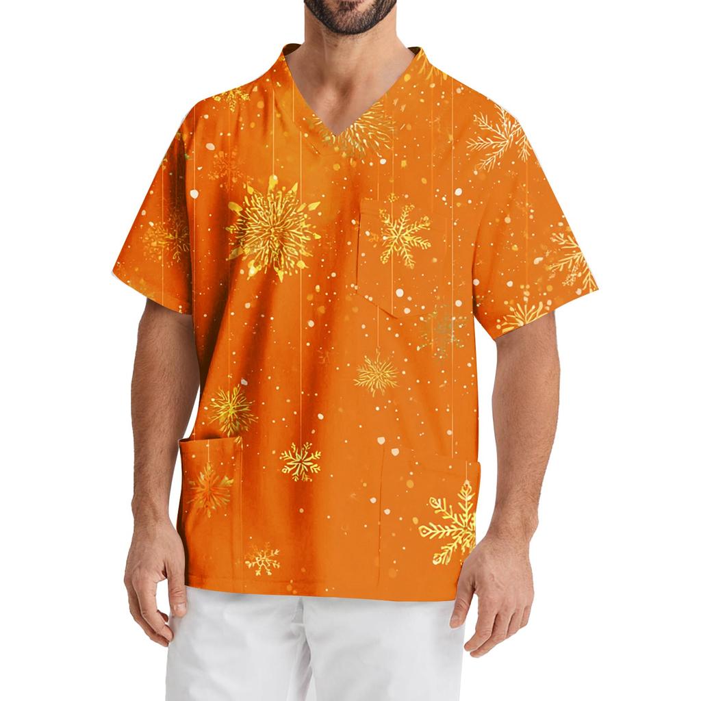 Men's Printing Short Sleeve V-neck Working Blouse Chest Pocket Carer Top