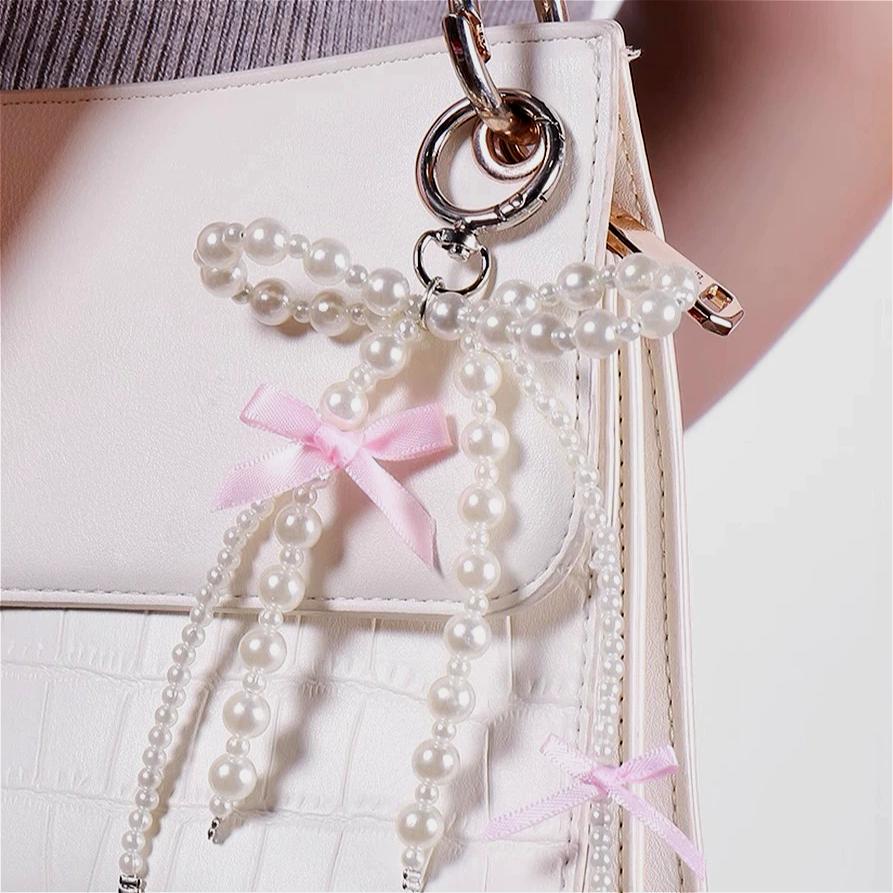 2025 New Korean Fashion Sweet Pearl Bow Keychain Heart Pendant Keyring Y2K Ins Aesthetic Holder for Girl Bag Pendant Accessories