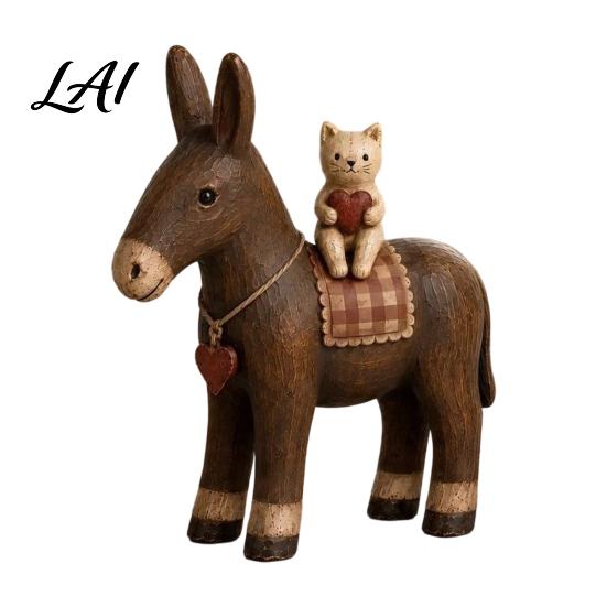 Collectible Animal Figurines Rustic Donkey Resin Figurine Farmhouse Style with Cat Tabletop Retro Interior Decorations Decoration Vintage