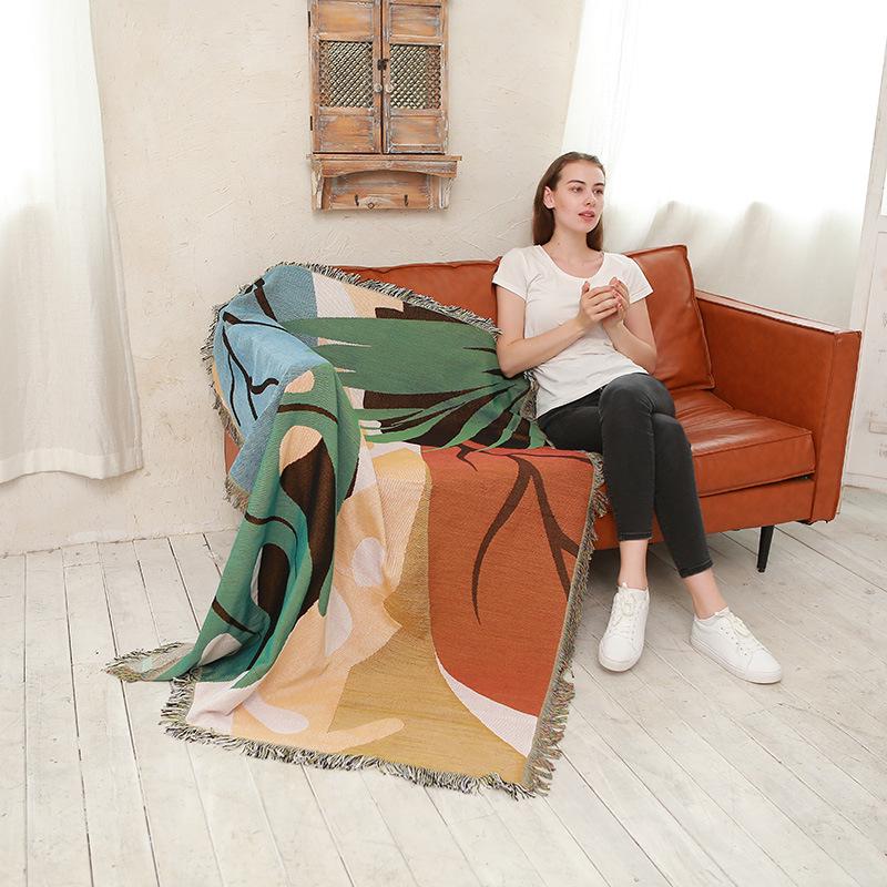 Nordic Colorful Leaf Line Blanket: Sofa Cover & Camping Throw