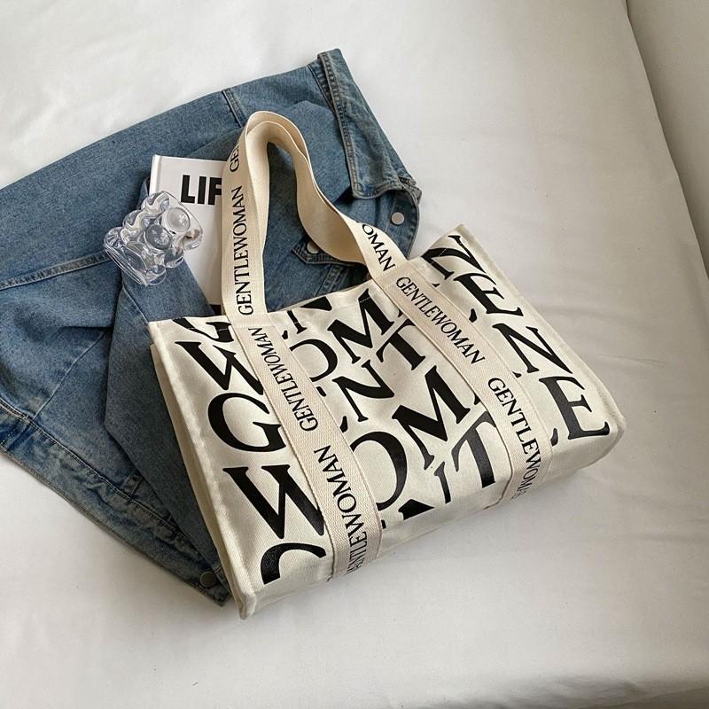 Large Capacity Alphabet Canvas Bag Women Student Shoulder Bag Street Fashion Tote Bag White