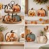 Vintage Style Pumpkin Statues Thanksgiving Fall Table Decoration, Rustic Block Wooden Sign, Autumn Wood Craft Decor Farmhouse Tabletop Centerpiece for