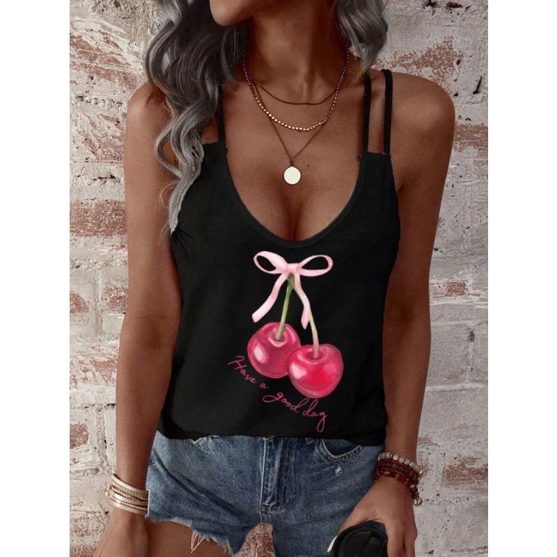 Womens V Neck Double Strap Tank Top With Dragonfly Print Casual Solid Color Sleeveless Blouse