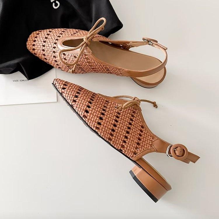 Woven Hollow Bag Head Sandals One-word Buckle with Bow Thick Heel Holiday Shoes Women