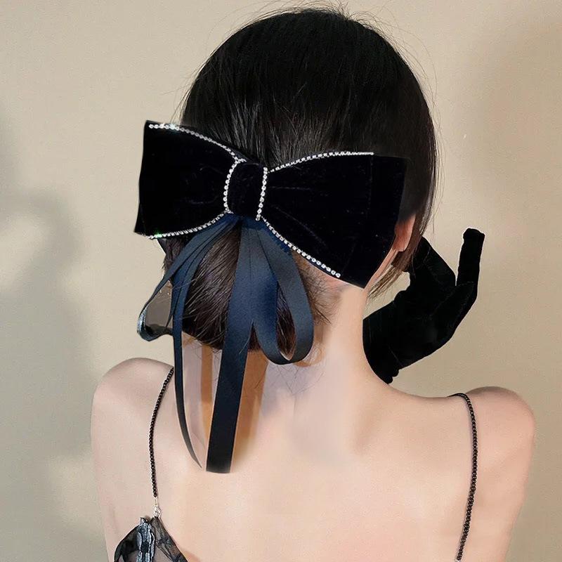 Fashion Retro Rhinestone Velvet Bow Ribbon Hairpin For Woman Temperament Back Of The Head Hair Clips New Year Hair Accessories