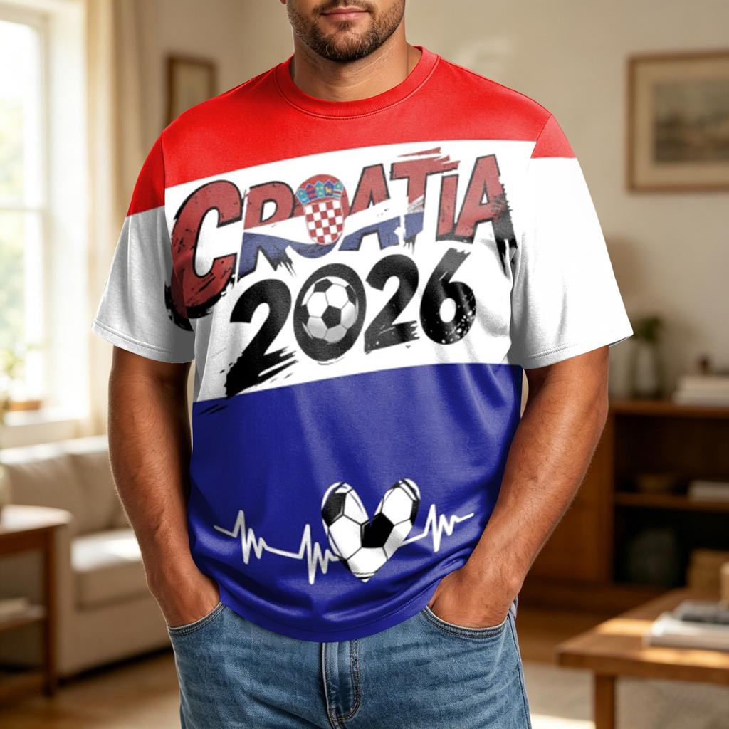 Men’s World Football Themed Plus Size Comfortable Breathable Casual Loose Fit T-Shirt with Printed Graphic Design for Sports Events