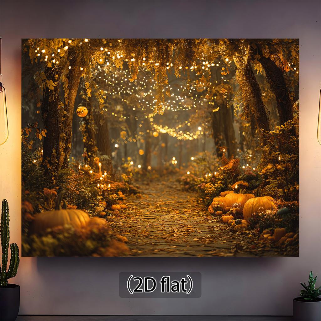 Piano 2D 1 pezzo di tessuto di sfondo per sentiero nella foresta magica - foglie autunnali dorate rami luminosi e decorazioni di zucche
