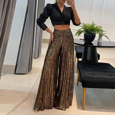 Elegant Shinny Sequin Long Pants Women Fashion High Waist Draped Loose Trousers Spring Autumn Casual Wide Leg Solid Color Party Pant