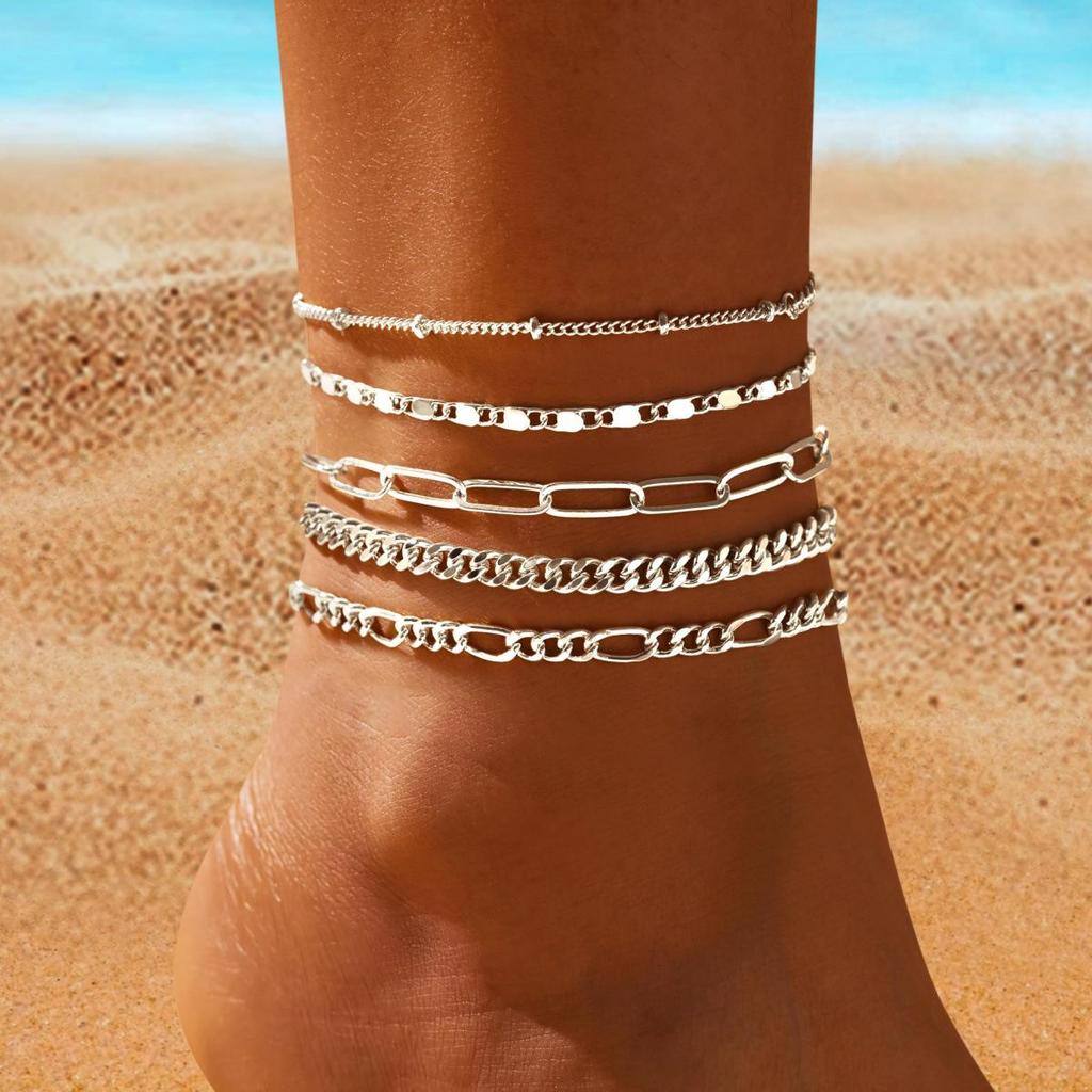 European & American Retro Cuban Link Anklet Set - 5 Pieces