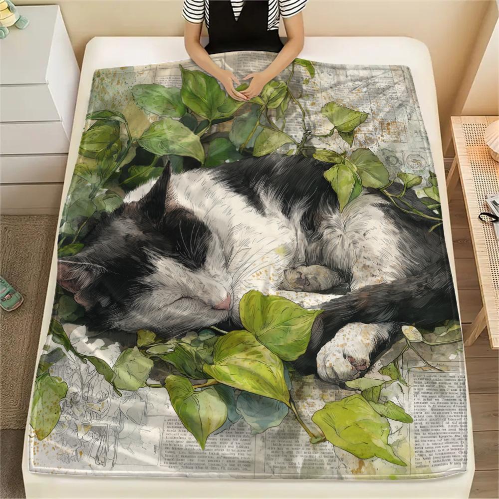 Sleeping Cats Print Flannel Blanket, High Quality Comfortable for All Seasons, Home Decor, Warmth and Comfort
