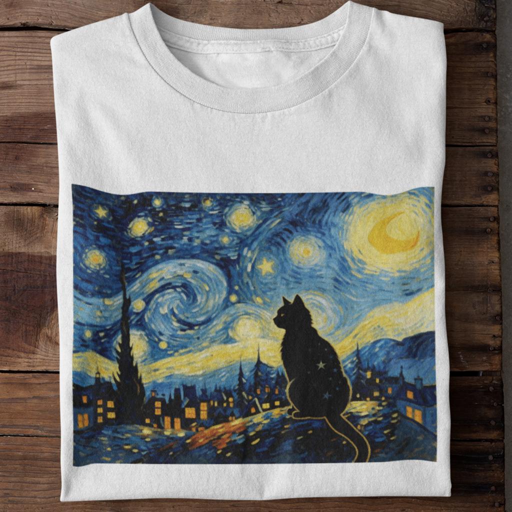 Cat Starry Night T-Shirt Van Gogh Style Cat Lover Cat Mom Dad Art Tee
