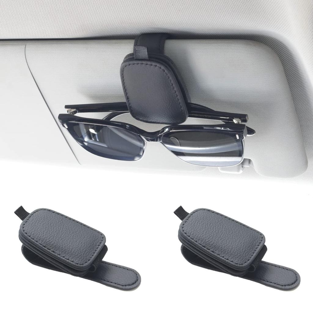 2 Packs Sunglasses Holders for Car Visor Magnetic Leather Sunglasses Holder and Ticket Card Clip Car Visor Accessories