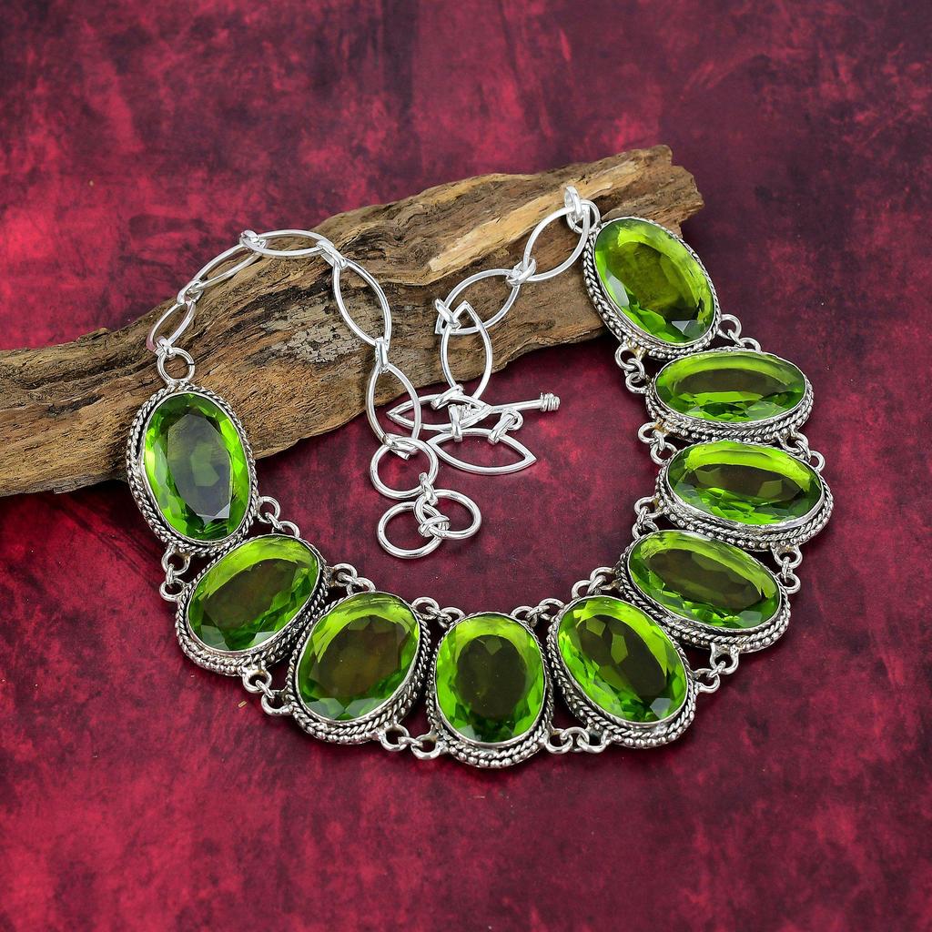 Set de bijuterii din argint solid 925 Peridot, set de colier și brățări lucrate manual pentru femei, bijuterii frumoase cu pietre prețioase reglabile