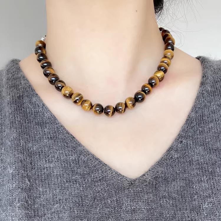 Stainless Steel Tiger Eye Beaded Necklace Choker with Yuanbao Buckle - Chinese Light Luxury Autumn/Winter Sweater Chain