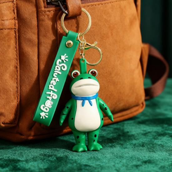 Frog Keychain Saluting Button Link Hands Realistic Texture Blue Scarf Frog Key Chain Mini Portable Lobster Clasp Backpack Pendant
