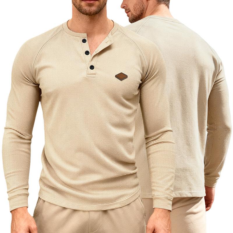 Men's American Casual Waffle Knit Henley T Shirt, Long Sleeve Raglan Button Quick Dry Thin Top for Spring Autumn