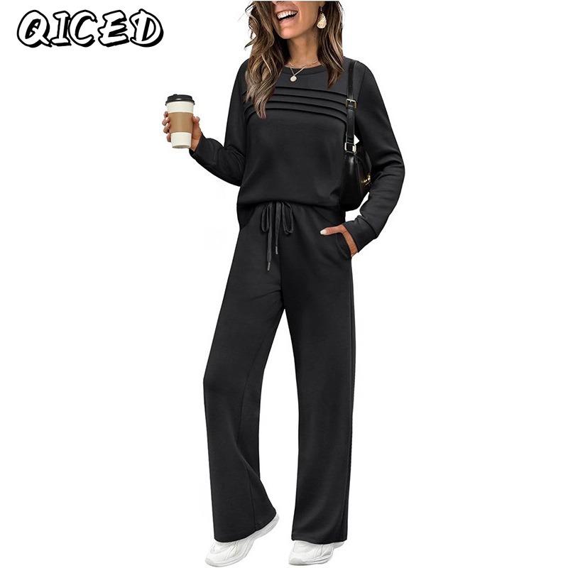 QICED Women's Long Sleeve Round Neck Two Piece Set Fashion Casual Pants Suits