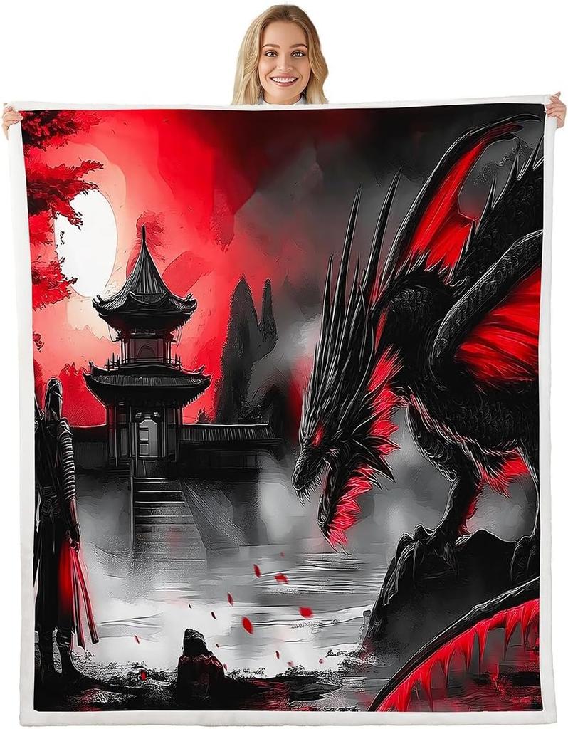 GUOYU Decke Japanische Stil Decken und Überwürfe Kran und Sonne Decke Überwurf für Kinder Erwachsene Kirschblüte Fleece-Decke Orientalische Malerei