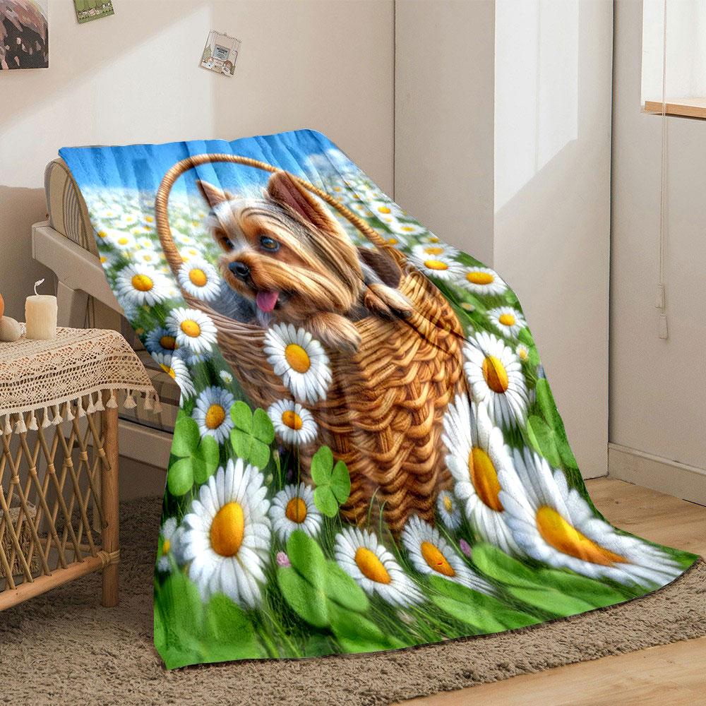 6 Styles Yorkshire Terriers and Flowers in A Basket Print Blanket Home Travel Camping for Adults and Kids Luxury Gifts