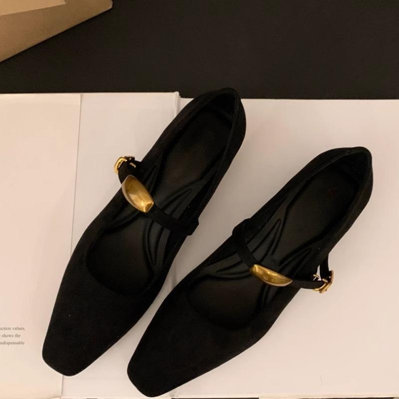 Women's Coarse Heel Shoes Spring New Square Head Shallow Mouth Suede Metal Buckle Anti-slip Wear-resistant Low-top Shoes