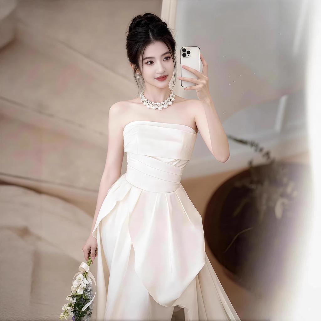 French tube top bride engagement dress women's light luxury niche light wedding dress certificate dress temperament long small white dress