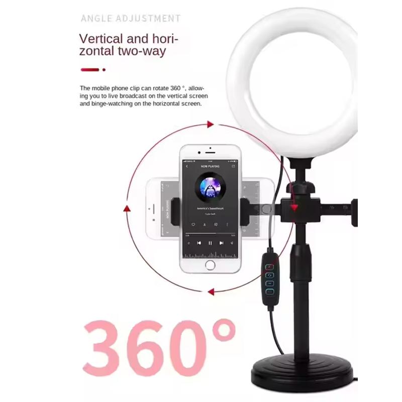 6Inch Led Ring Light with 2 Clip Clamp Mount Dual Mobile Phone Live Broadcast Stand Desktop Phone Holder LED for Live Stream