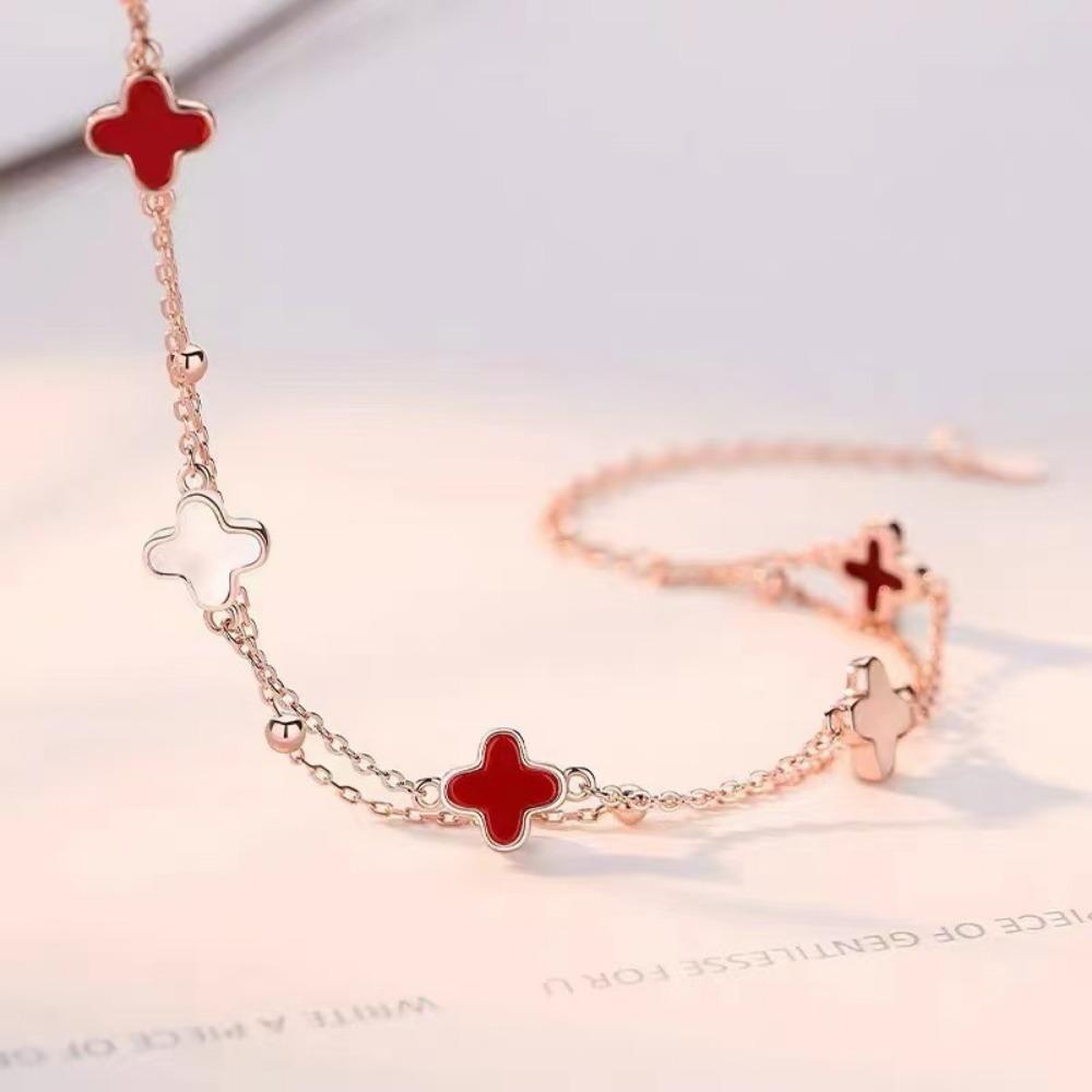 Four Leaf Clover Double Layer Bracelet Girls Five Flower Bracelet Boudoir Light Luxury Hand Jewelry Ins Bracelet