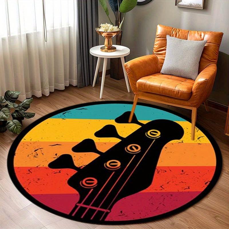 Round Retro Bass Guitar Head Print Rug Non-slip Floor Mat for Music Room Bedroom Living Room Home Decoration