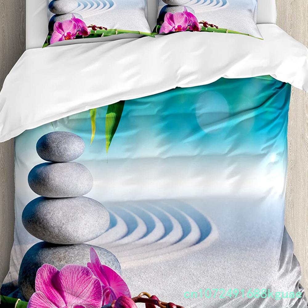 Orchidea Goccia di Rugiada Pietra Zen Freccia di Bambù Set Biancheria da Letto 3 Pezzi per Camera da Letto Letto Matrimoniale Tessile per la Casa Copripiumino Coperta Trapuntata Federa