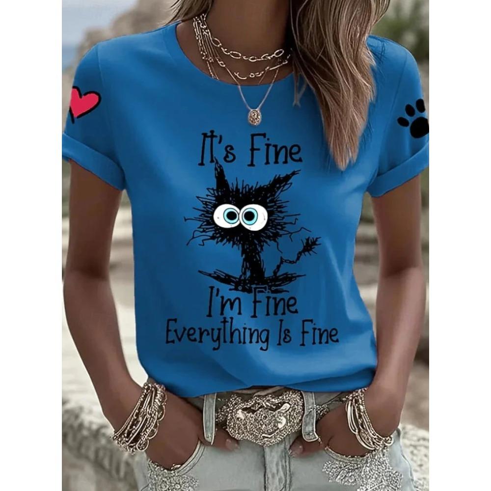 Fashion Women Retro Creative Black Cat Text Print T Shirt Funny Casual O-neck Short Sleeves T-shirt Summer Female Tee Shirt
