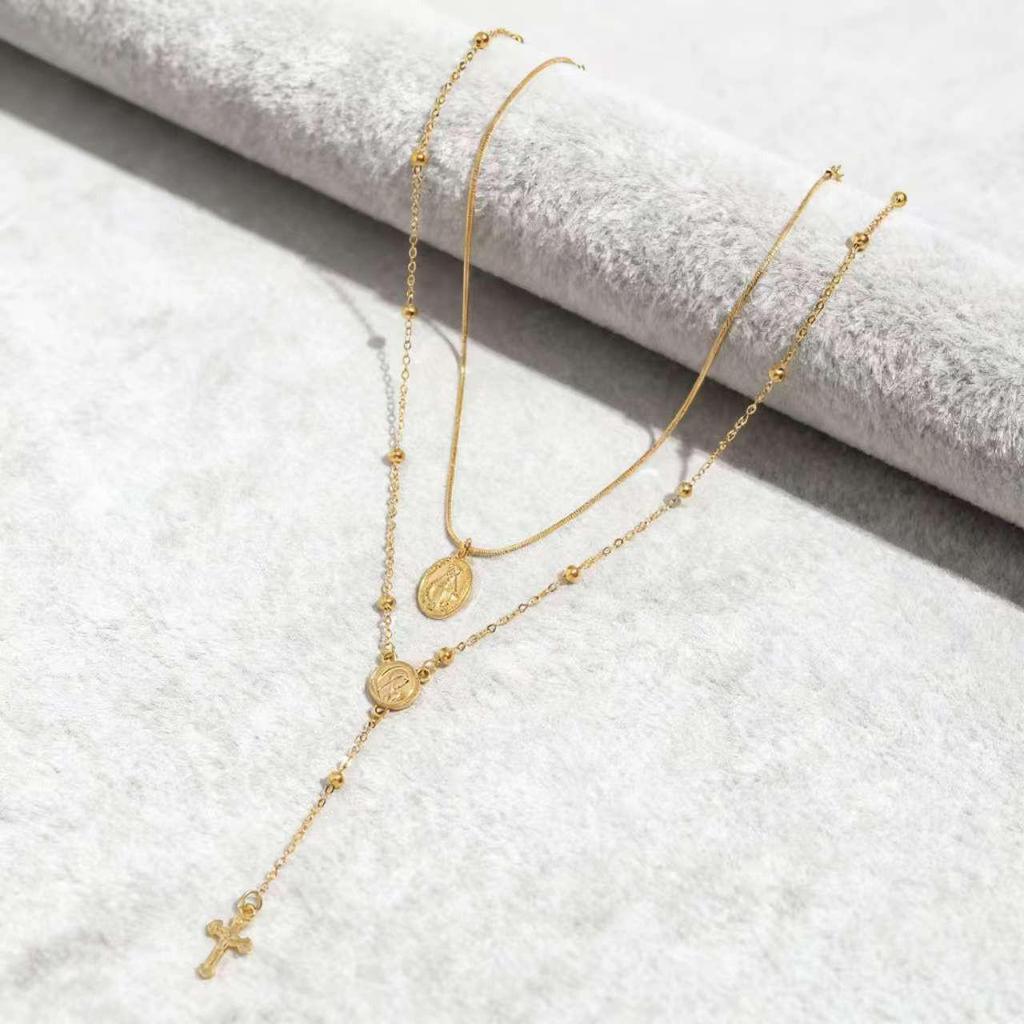 Double Layer European Cross Pendant Necklace - Women's Fashion Metal Clavicle Chain