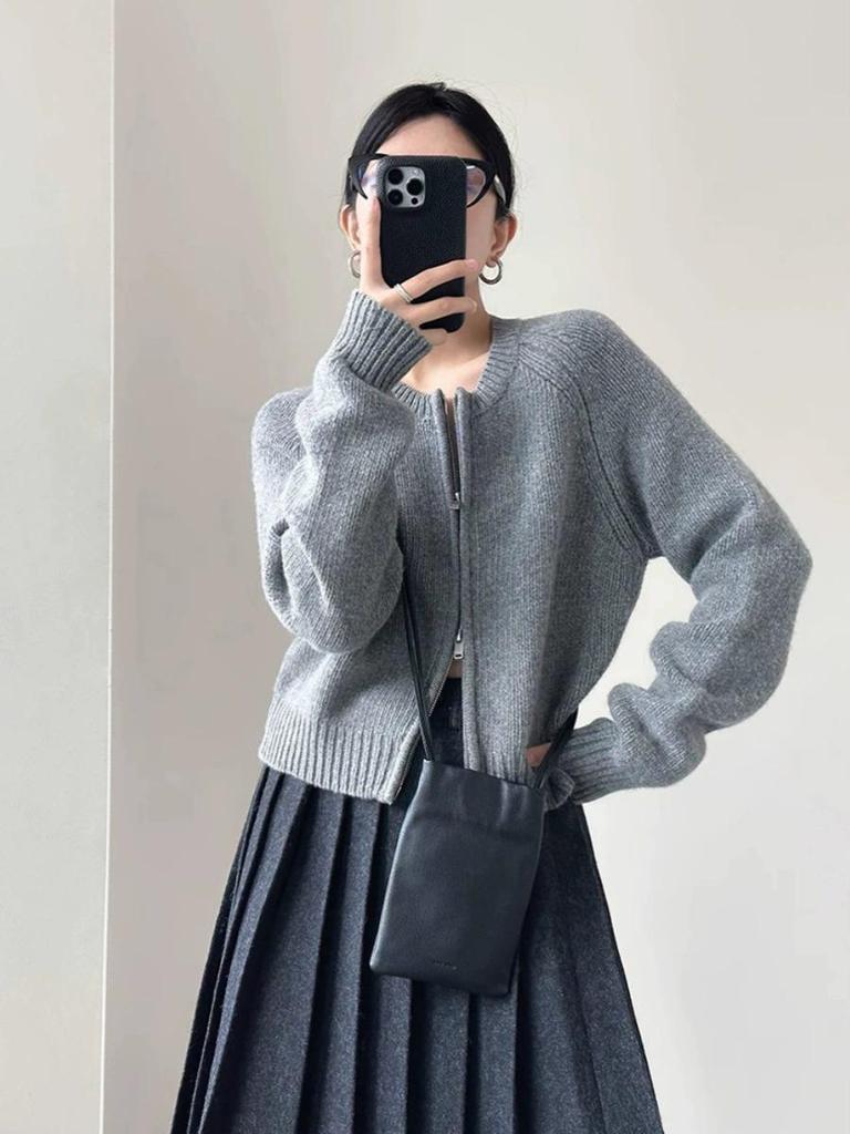 Women's 100% Pure Wool Double-Ply Cardigan - Short, Thickened Autumn/Winter Sweater