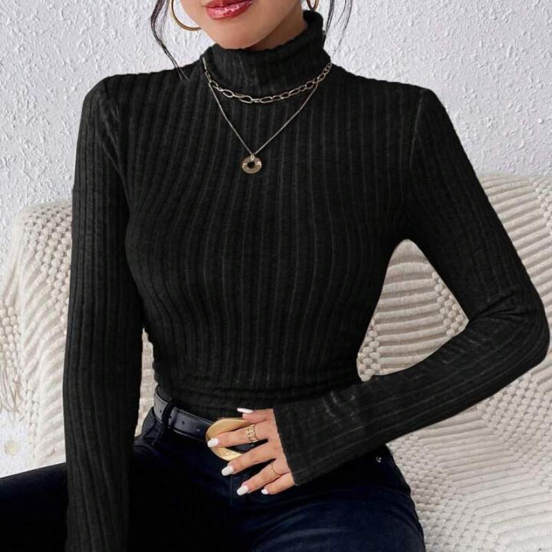 Herbst und Winter Sexy Textur Pit Stripe Slim Knit Langarm Damen T-Shirt Neue High Neck Damen Tops Casual Damen Tops
