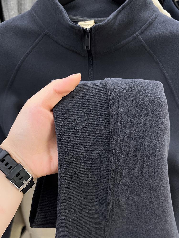 - "Warm Wool Sherpa Fleece Half-Zip Sweatshirt with Stand Collar - Double-Sided Velvet for Autumn/Winter"