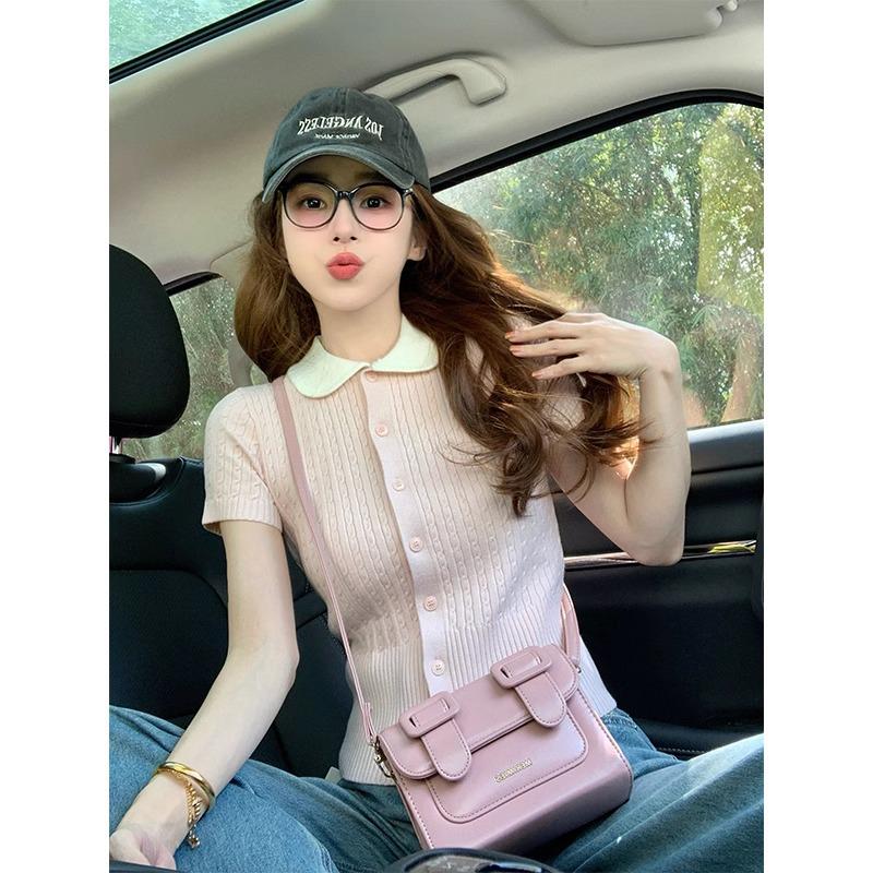 Women's Pink Slimming Petite Polo Knitted Short Sleeve Top - Summer 2025 Collection