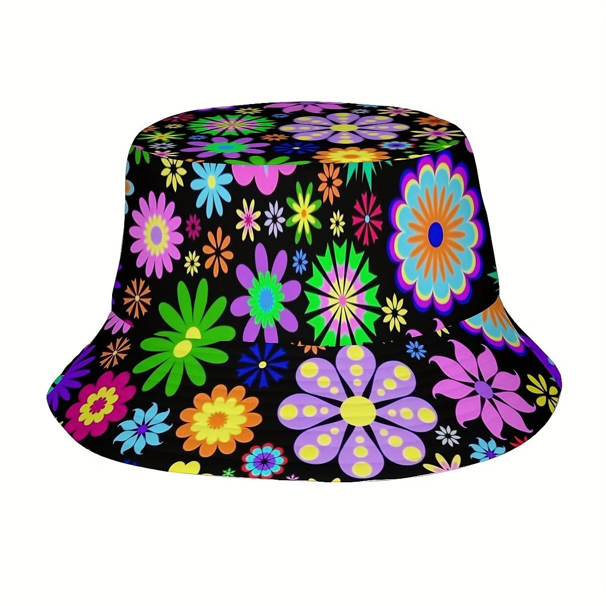

Bucket Hat Multicolor Floral Print on Black Lightweight Outdoor Fishing Beach Hiking with Large Brim for Casual Summer Hat One Size