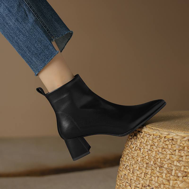 Krazing Pot Sheepskin Winter Round Toe Med Heels Fashion Boots Women Zipper Elegant Women Ankle Boots