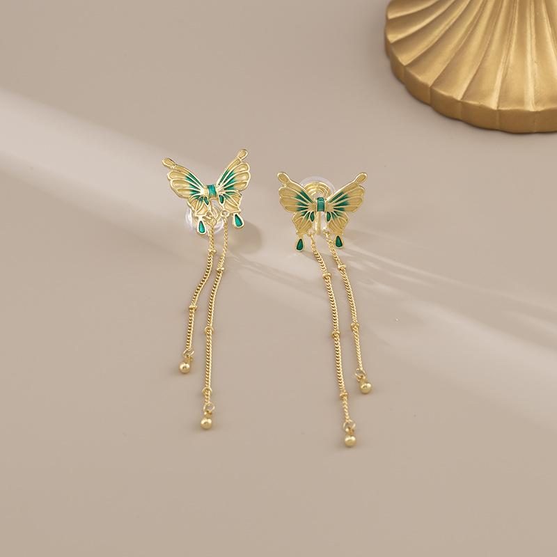 Green Butterfly Tassel Earrings for Women Long Retro Mosquito Coil Ear Clip Without Ear Piercings