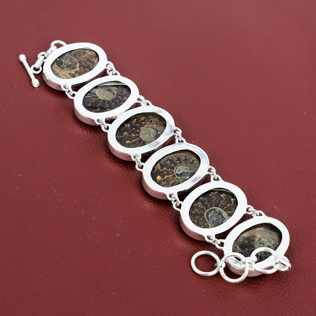Ammonite Fossil Bracelet Natural Gemstone Jewelry 925 Sterling Silver Bracelet Handmade Boho Jewelry Adjustable Chain Bracelet Gifts For Her