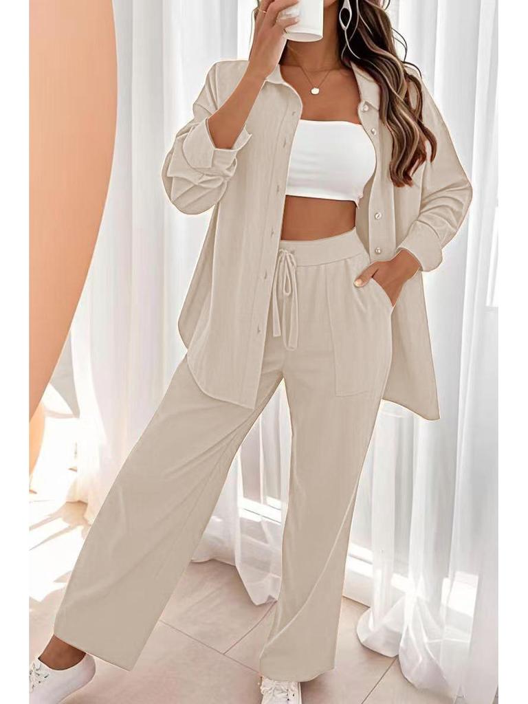 2024 Women's Casual Two-Piece Shorts Set - Solid Color Loose Short Sleeve Shirt with Single-Breasted Design